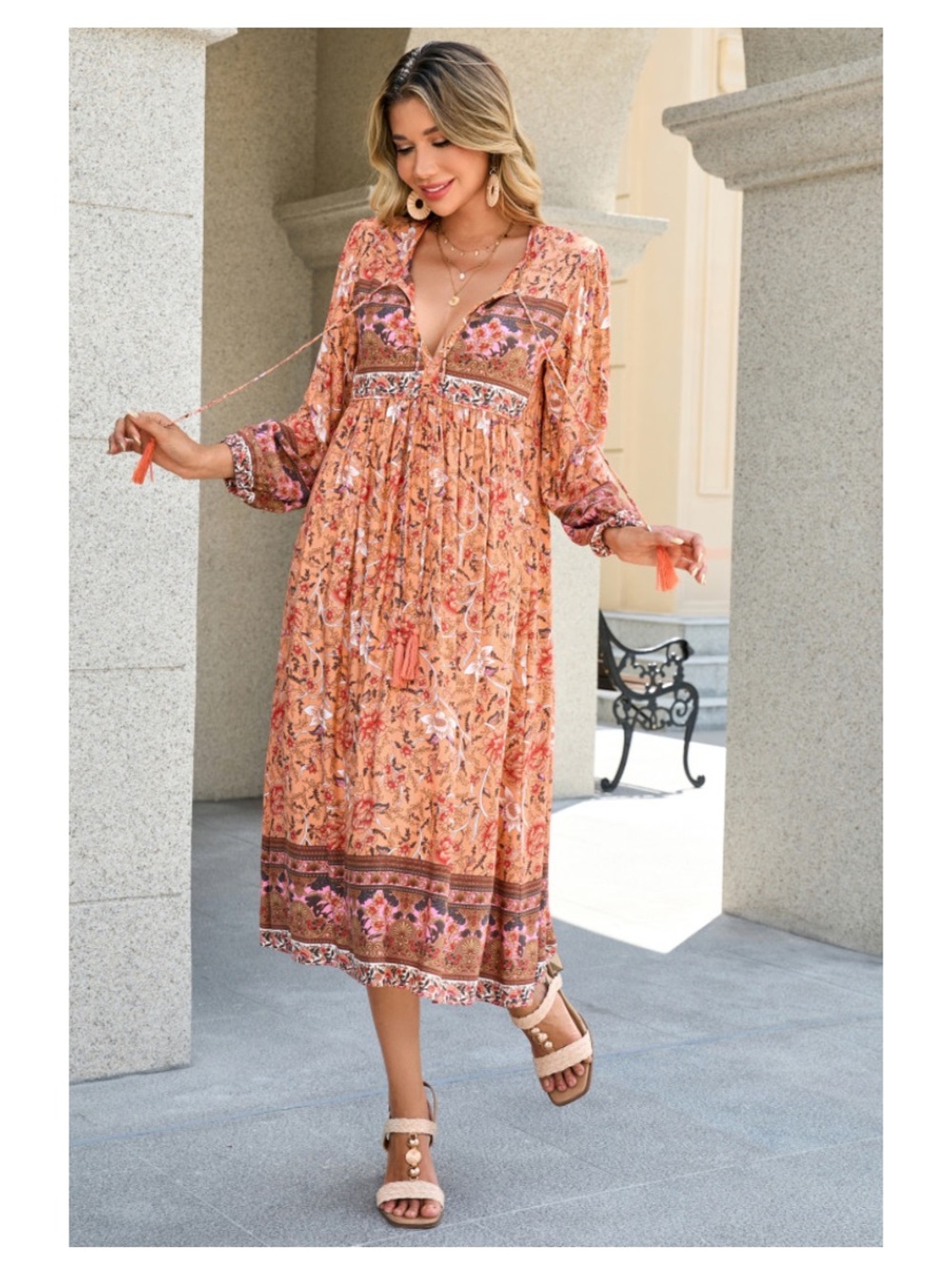 R. Vivimos Peach Long Sleeve Floral Print Retro V Neck Tassel Bohemian Dress - Picture 1 of 10